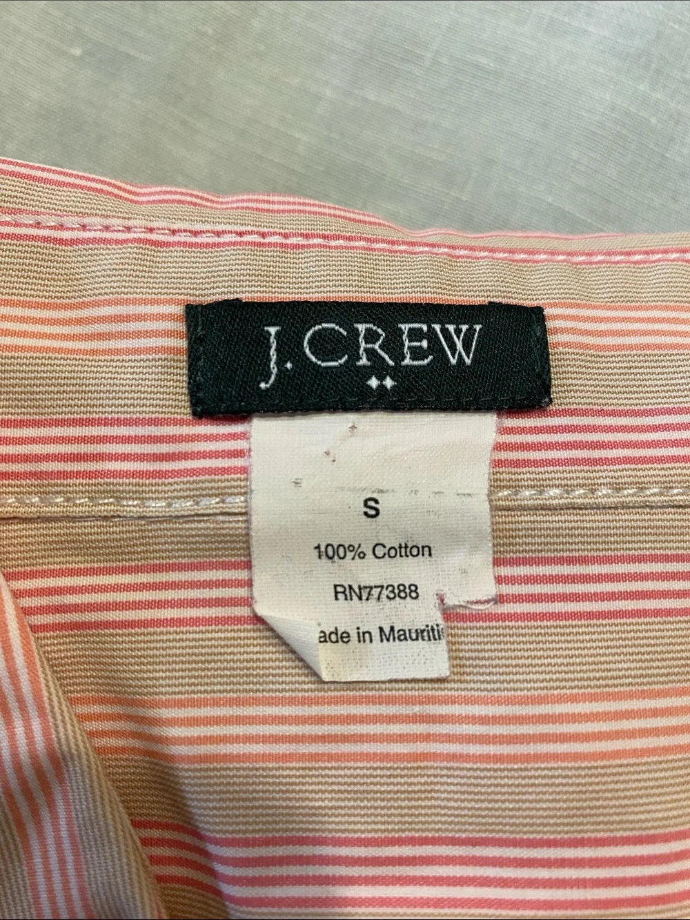 J. Crew 3/4 sleeve pink brown white striped cotton button down shirt